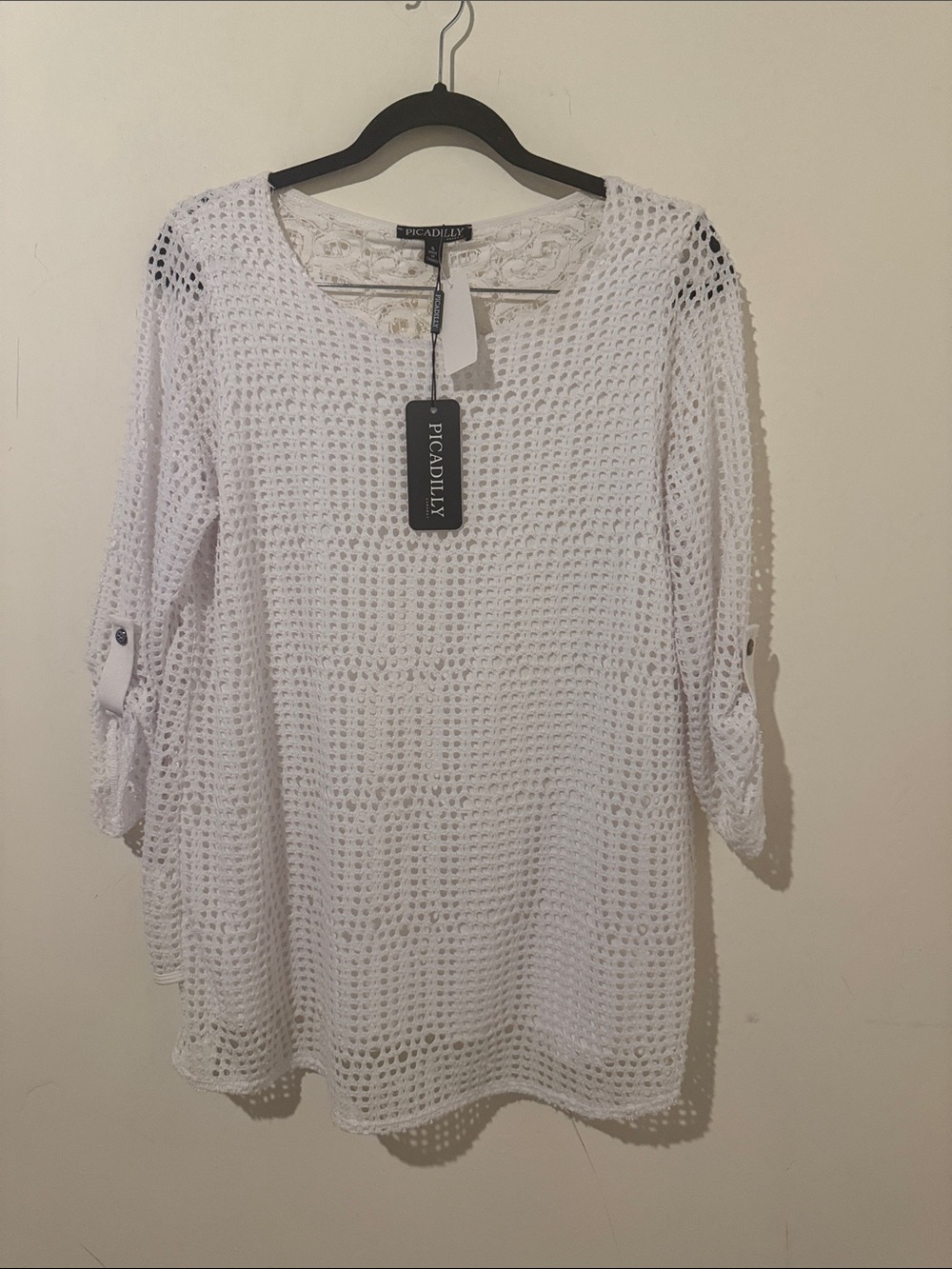 NWT Picadilly Canada White Open Knit Crochet Tunic Top - Size Small